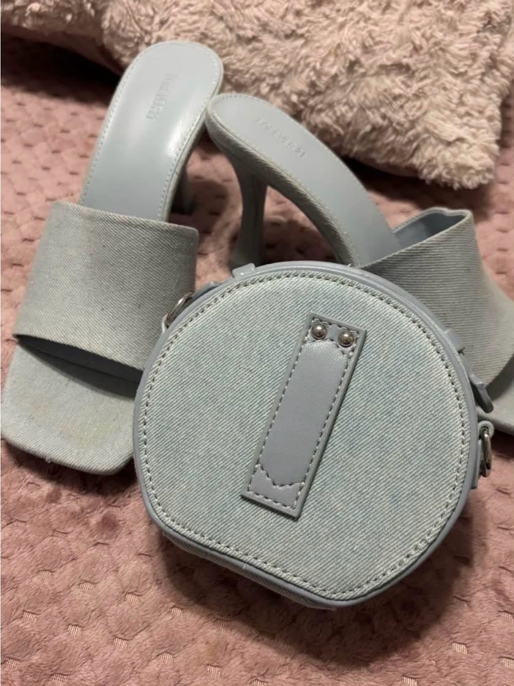 Forever 21 Light Blue Slide Heels with Matching Round Crossbody Bag